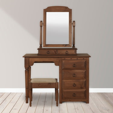 Solid Wood Dressing Table with Drawers, Mirror & Stool