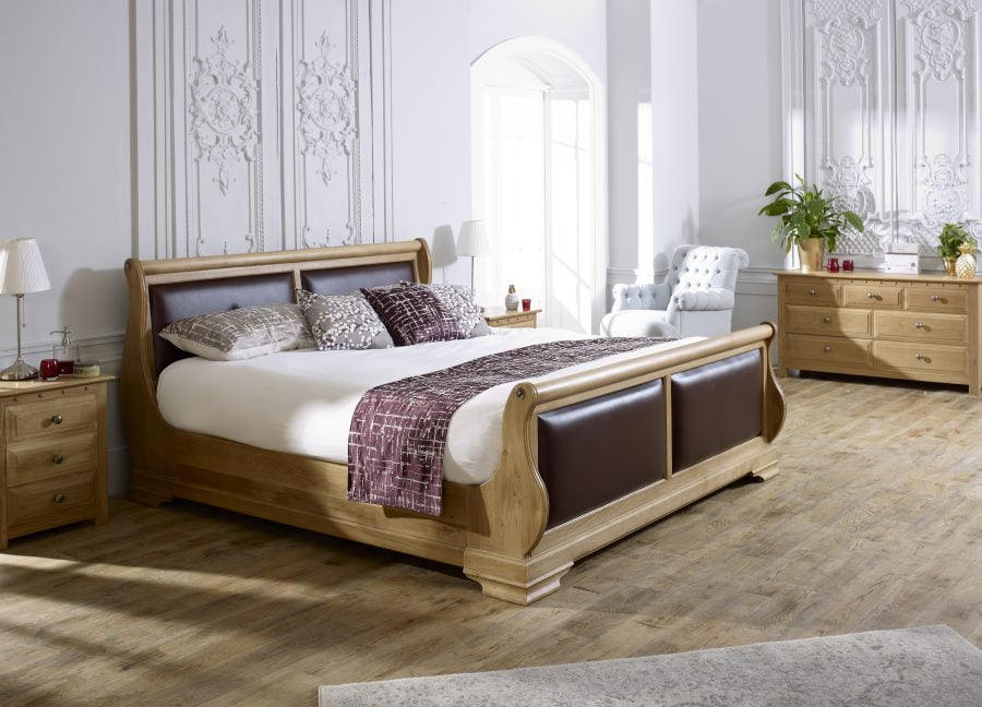 Natural Wood Leather Sleigh Bed with Bedside Cabinet and Chest