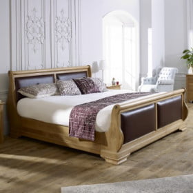 Super Kingsize Oak Sleigh Bed with Oxblood Leather