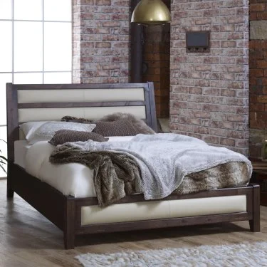 Contemporary Dark Wood Bed Frame with Cream Leather