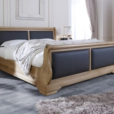 Handcrafted Oak Sleigh Bed with Scottish Black Leather