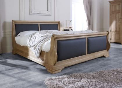 Handcrafted Oak Sleigh Bed with Scottish Black Leather