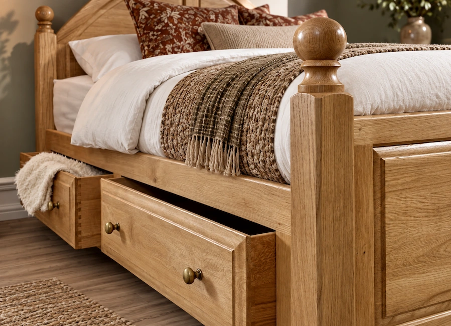 Solid Oak Bed with Storage Drawers