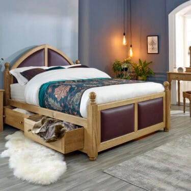 Traditional Wooden Bed with Leather Panels