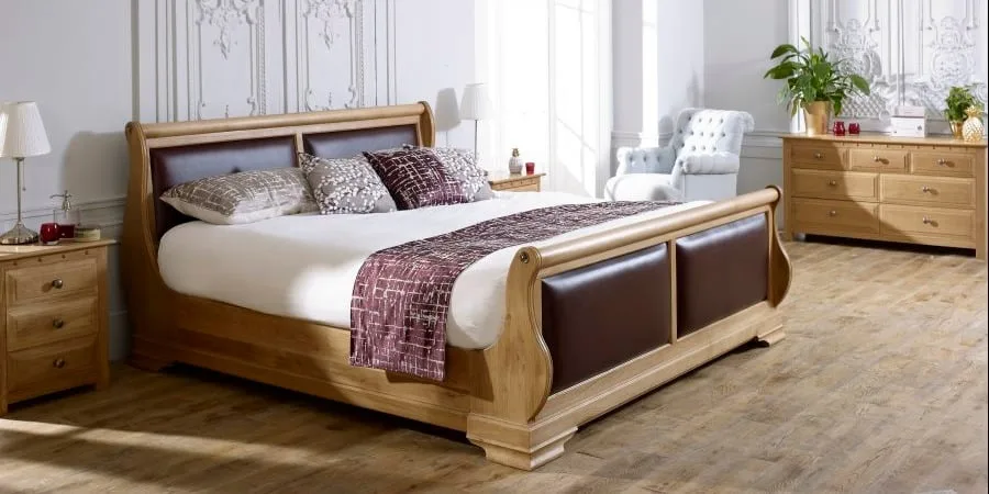Wooden Sleigh Bed with Leather Panels