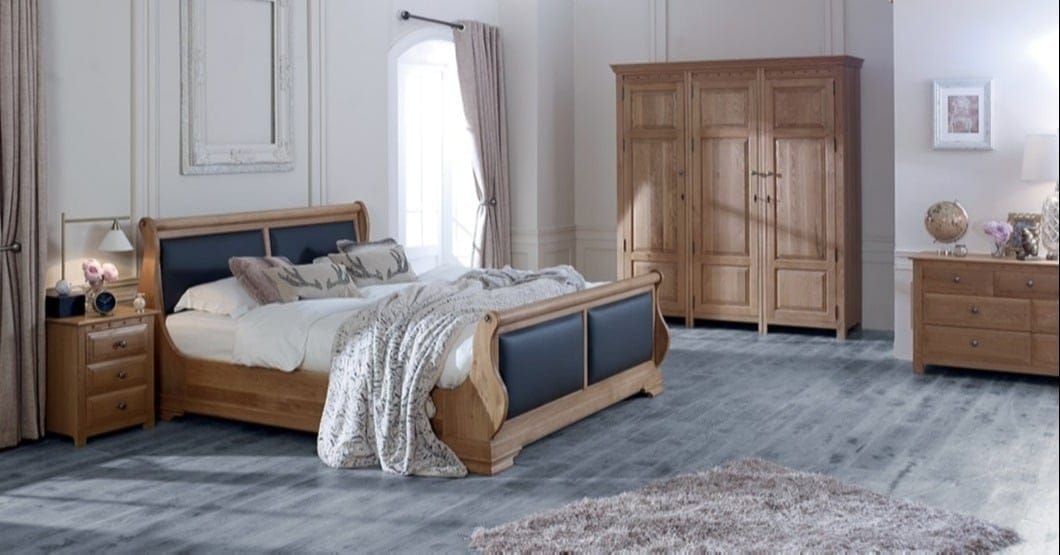 Solid Wood Sleigh Bed with Wardrobe, Chest & Bedside Cabinet