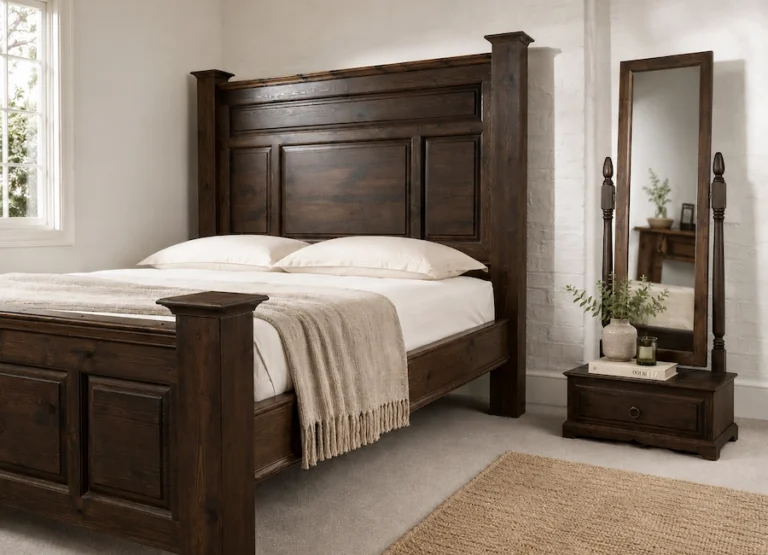 Traditional solid wood bed with a cheval mirror in a walnut finish