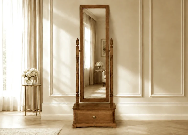 Free-standing wooden cheval mirror with drawer