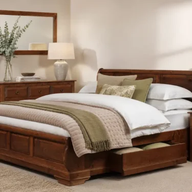 Solid Wood Sleigh Bed with Open Drawer