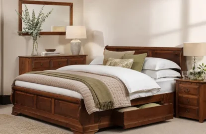 Solid Wood Sleigh Bed with Open Drawer