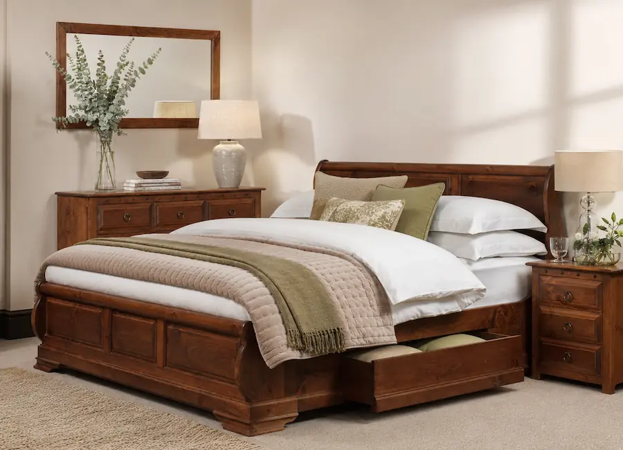 Solid Wood Sleigh Bed with Open Drawer