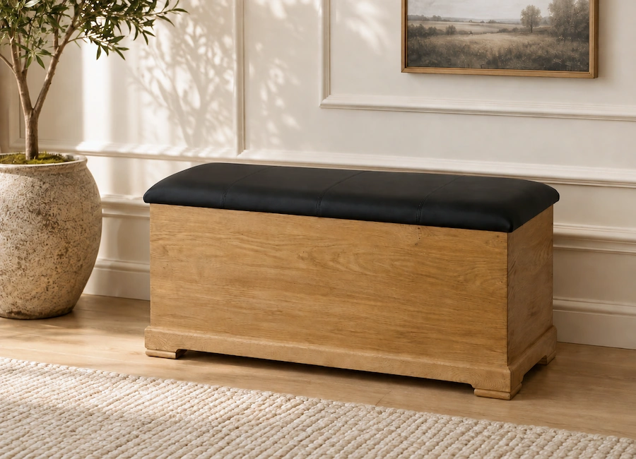 Solid Oak Ottoman with Leather Top