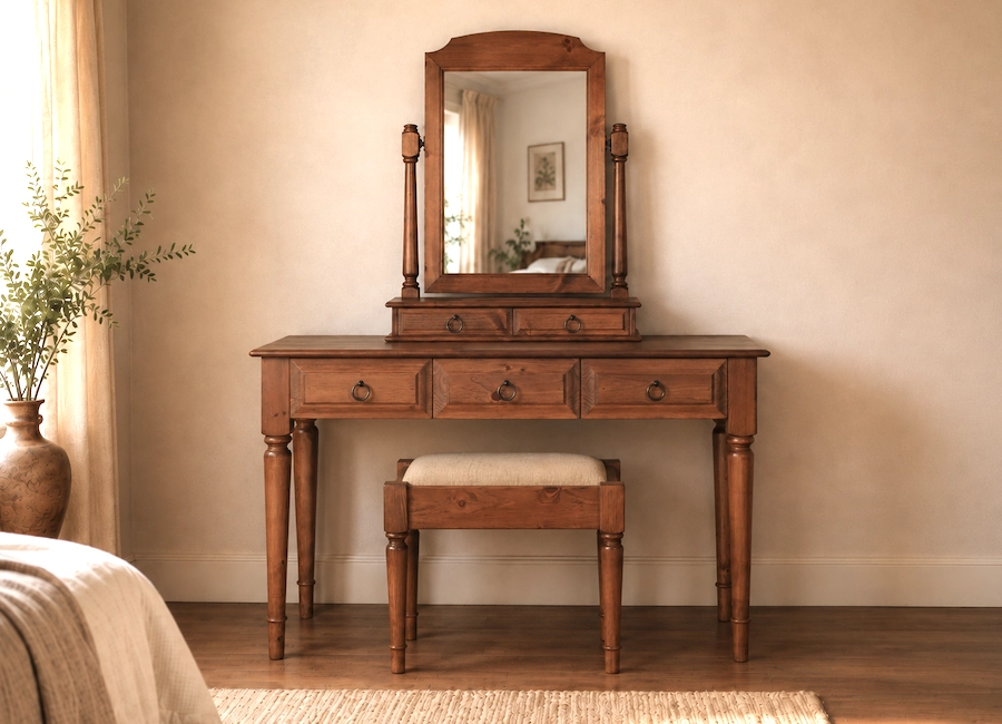 Solid Wood Dressing Table, Mirror & Stool