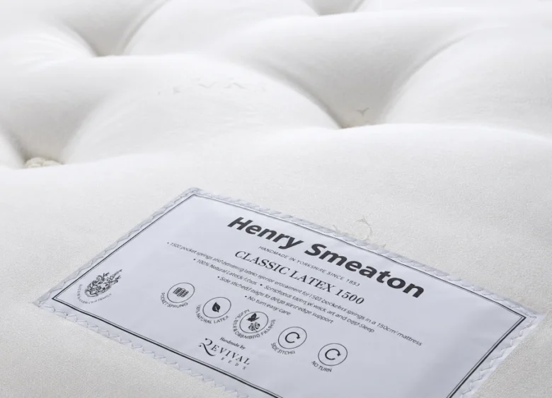 Henry Smeaton Classic Latex 1500 mattress label on tufted fabric