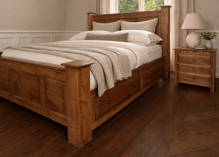 Solid Wood Bed with Bedside Cabinet