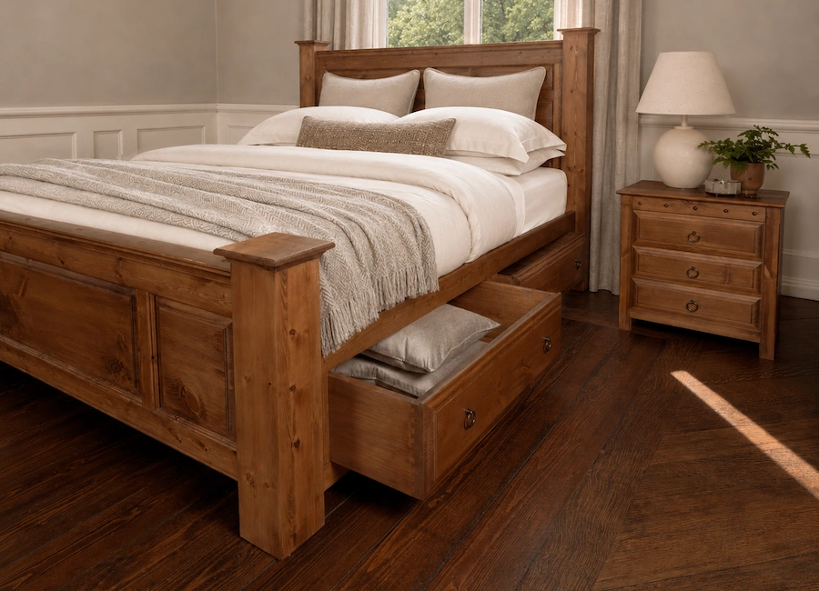 Solid Wood Bed with Open Storage Drawer