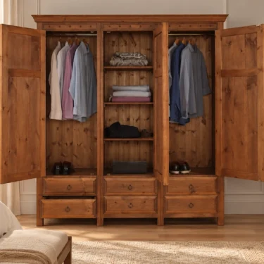 3 Door Wooden Wardrobe with External Drawers Open