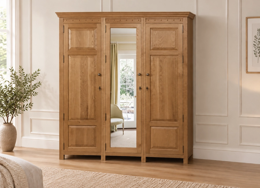 3 Door Oak Wardrobe with External Mirror