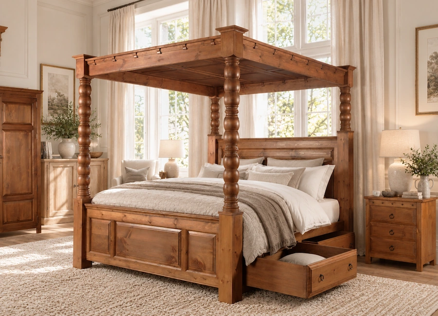 Ambassador Four Poster bed with Open Drawer