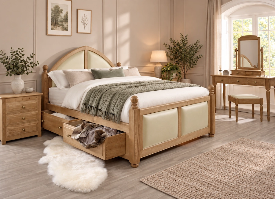Solid Oak Bed Frame with Leather Headboard and Footboard
