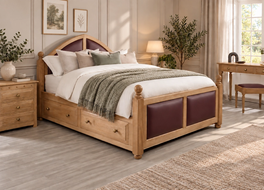 Traditional Solid Oak Bed with Italian Leather Insets