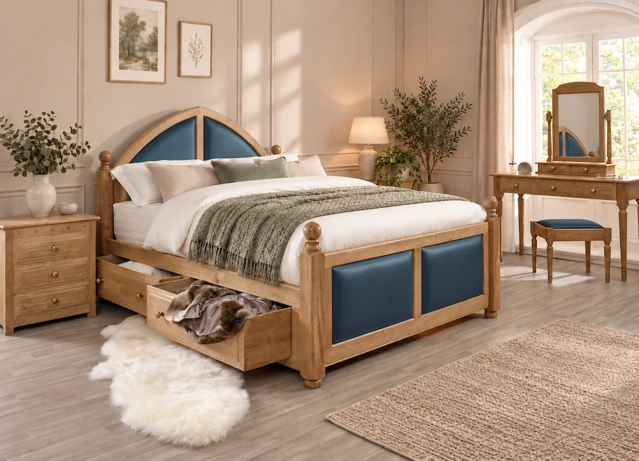 Solid Oak Bed with Leather Insets