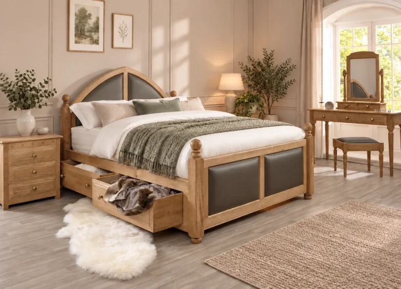 Traditional solid oak bed with leather insets in a sage finish