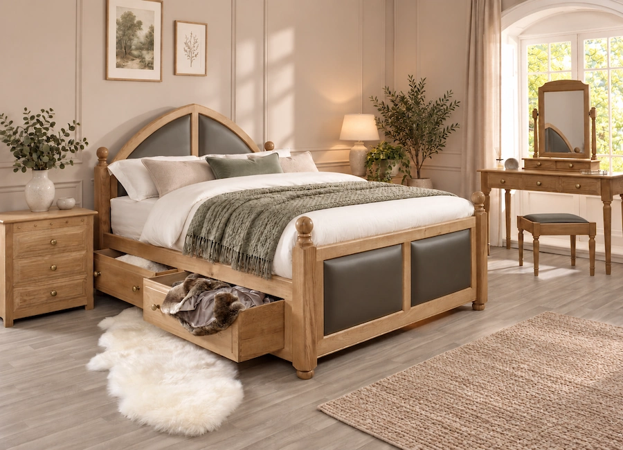 Traditional Solid Oak Bed with Leather Insets