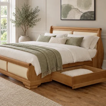 Solid Oak Sleigh Bed with Storage Drawer Open