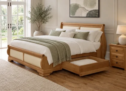 Solid Oak Sleigh Bed with Storage Drawer Open
