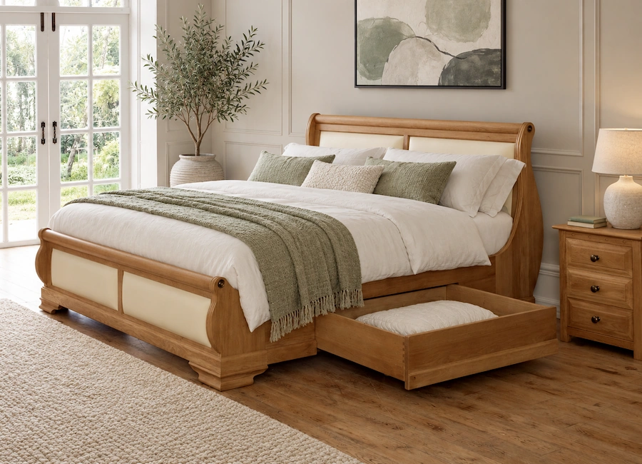 Amalfi oak sleigh bed with cream leather panels and an open storage drawer